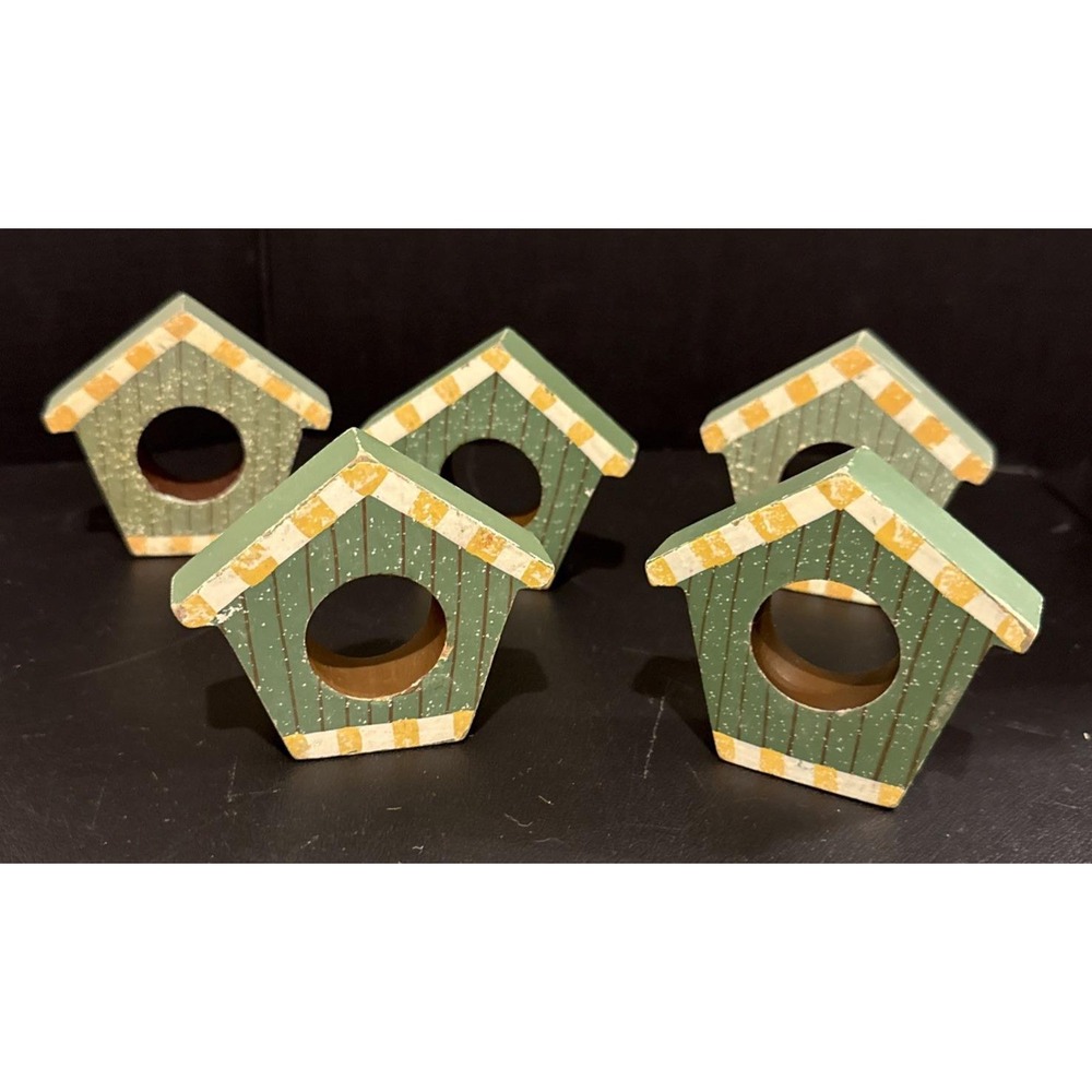 Vintage Wooden Green Bird Houses House Napkin Ring Holders Set Of‎ 5 Farm